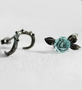 Thorn Blue Crystal Rose Design Black Stud Earrings