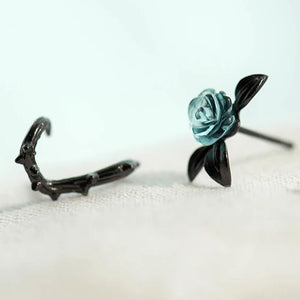 Thorn Blue Crystal Rose Design Black Stud Earrings