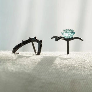 Thorn Blue Crystal Rose Design Black Stud Earrings