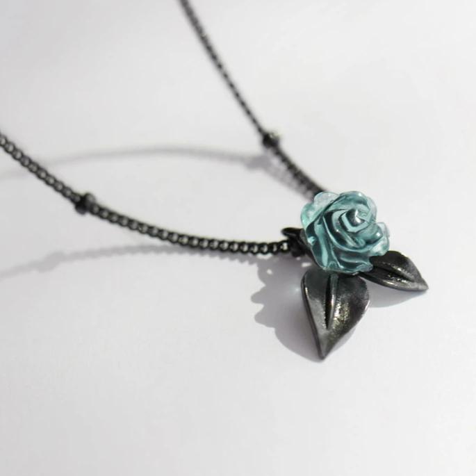 Blue Rose Flower Crystal Pendant Necklace