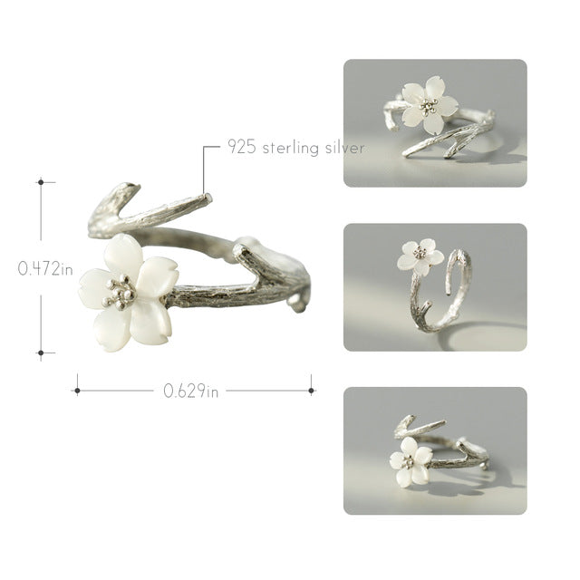 White Cherry Blossom Natural Pearl Shell Flower Branch Rings