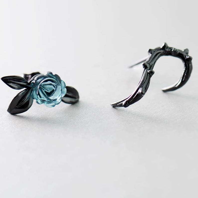 Thorn Blue Crystal Rose Design Black Stud Earrings